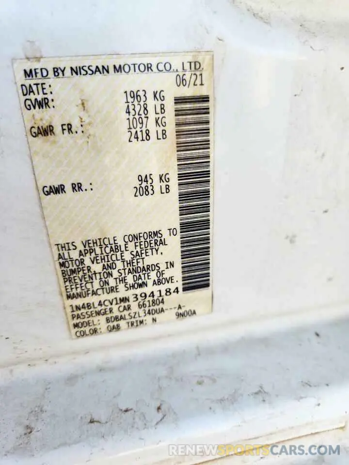 12 Photograph of a damaged car 1N4BL4CV1MN394184 NISSAN ALTIMA 2021