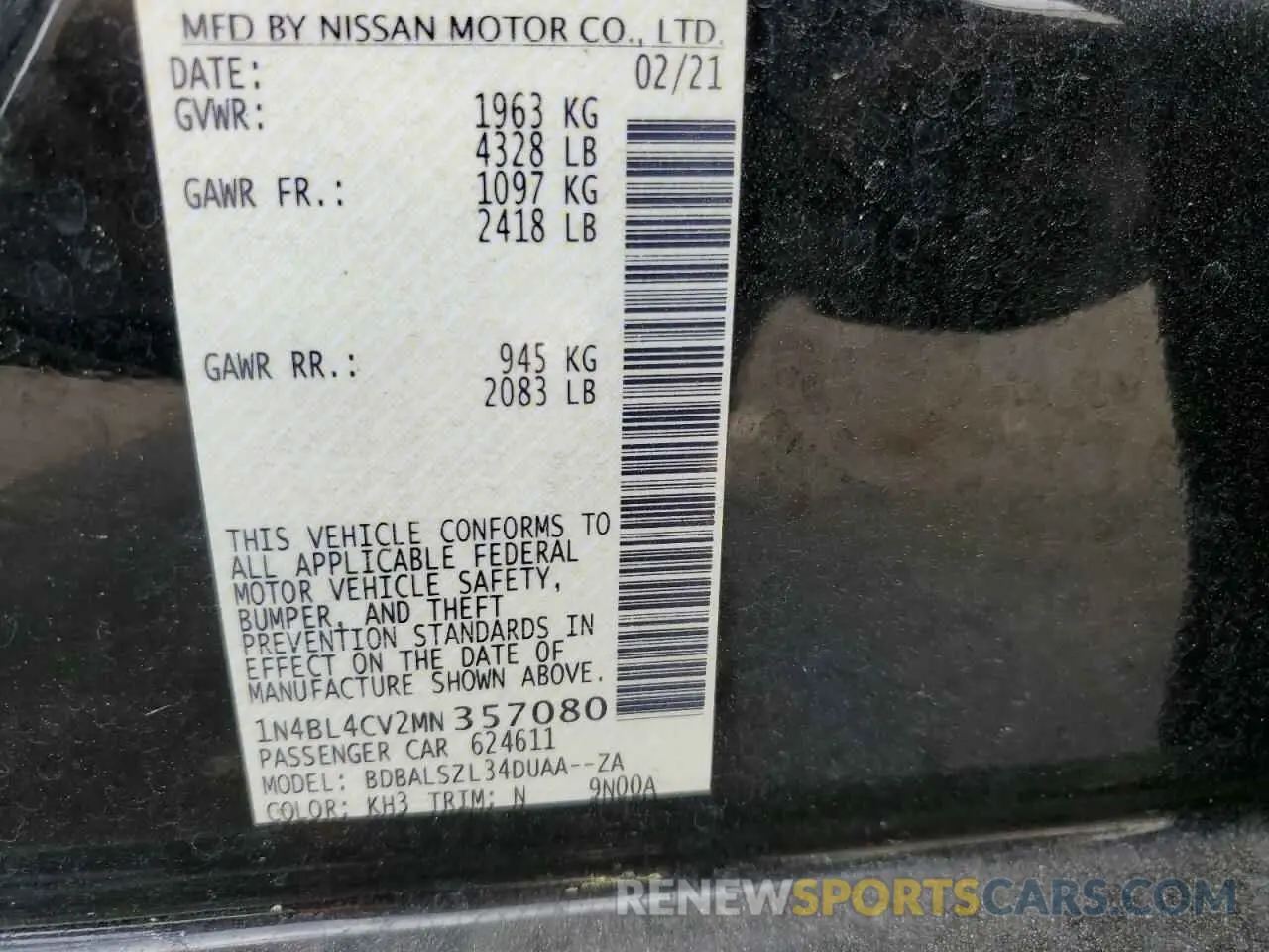12 Photograph of a damaged car 1N4BL4CV2MN357080 NISSAN ALTIMA 2021
