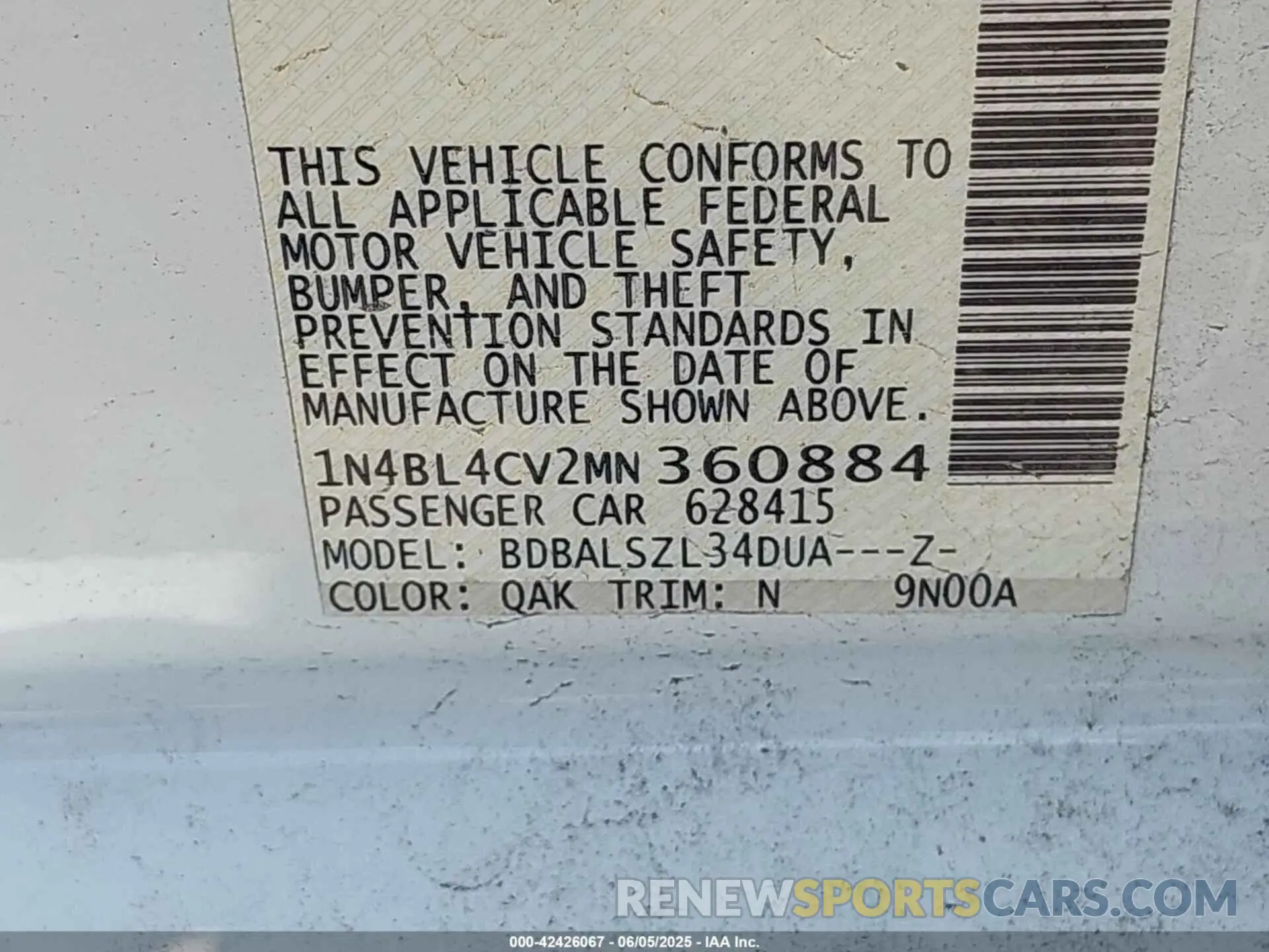 9 Photograph of a damaged car 1N4BL4CV2MN360884 NISSAN ALTIMA 2021