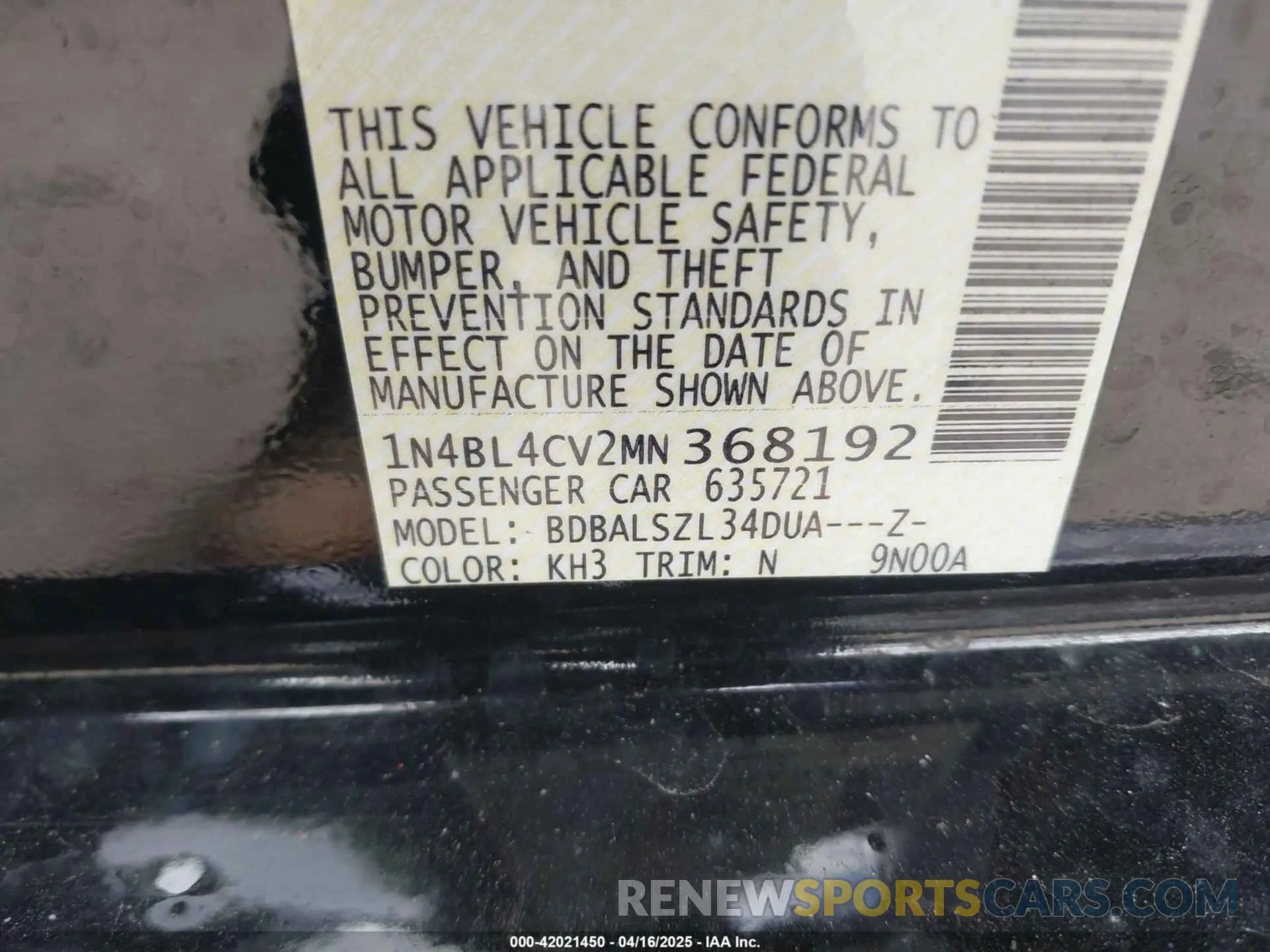 9 Photograph of a damaged car 1N4BL4CV2MN368192 NISSAN ALTIMA 2021