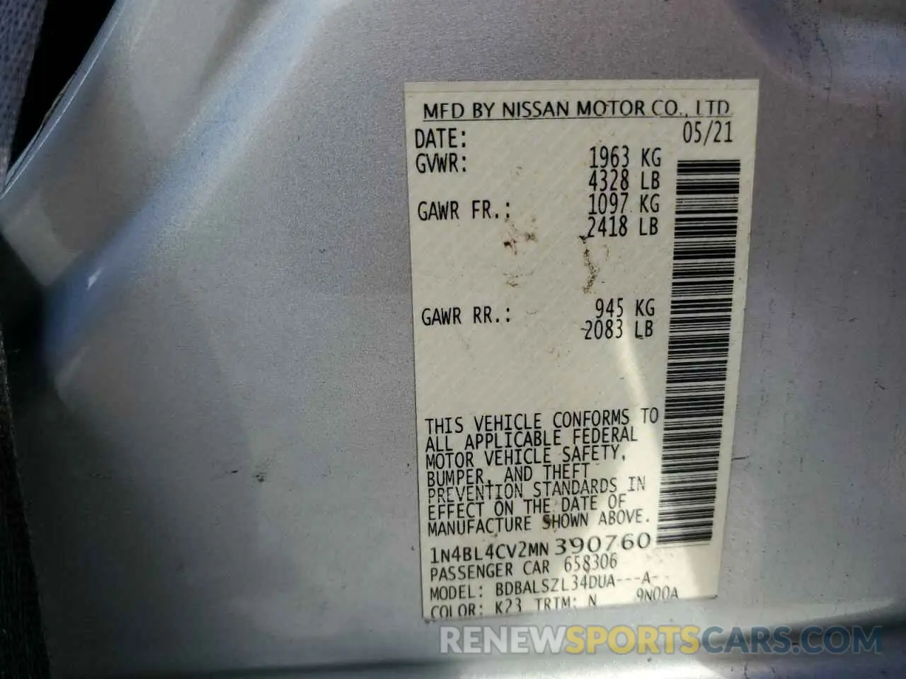 15 Photograph of a damaged car 1N4BL4CV2MN390760 NISSAN ALTIMA 2021