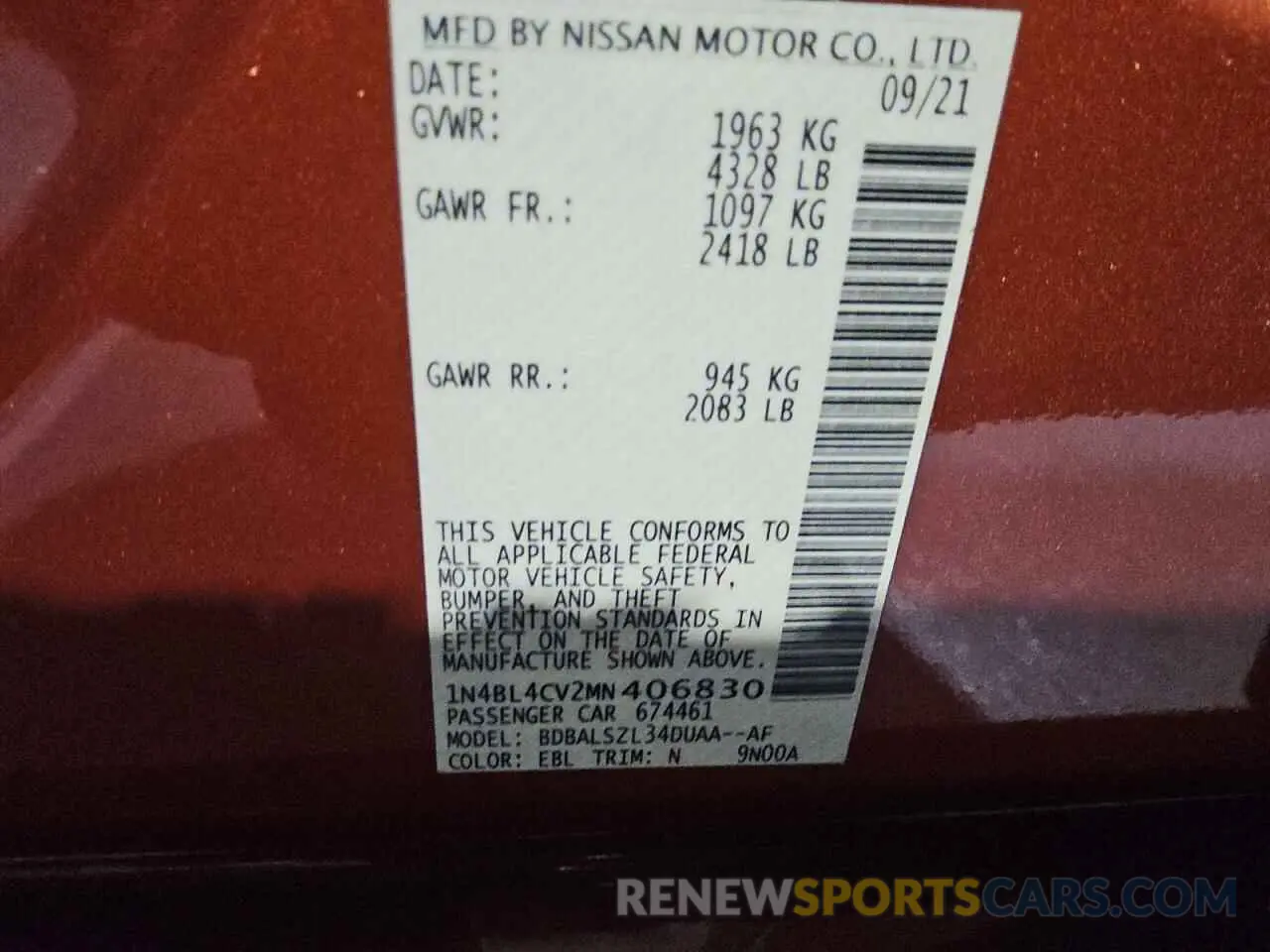 13 Photograph of a damaged car 1N4BL4CV2MN406830 NISSAN ALTIMA 2021