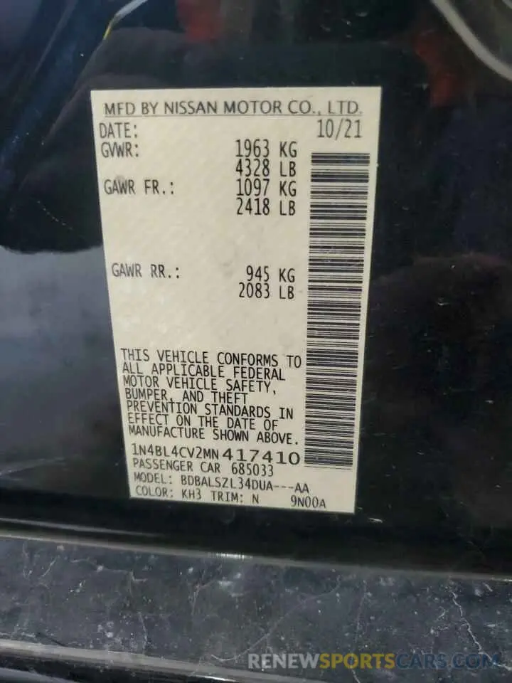 12 Photograph of a damaged car 1N4BL4CV2MN417410 NISSAN ALTIMA 2021