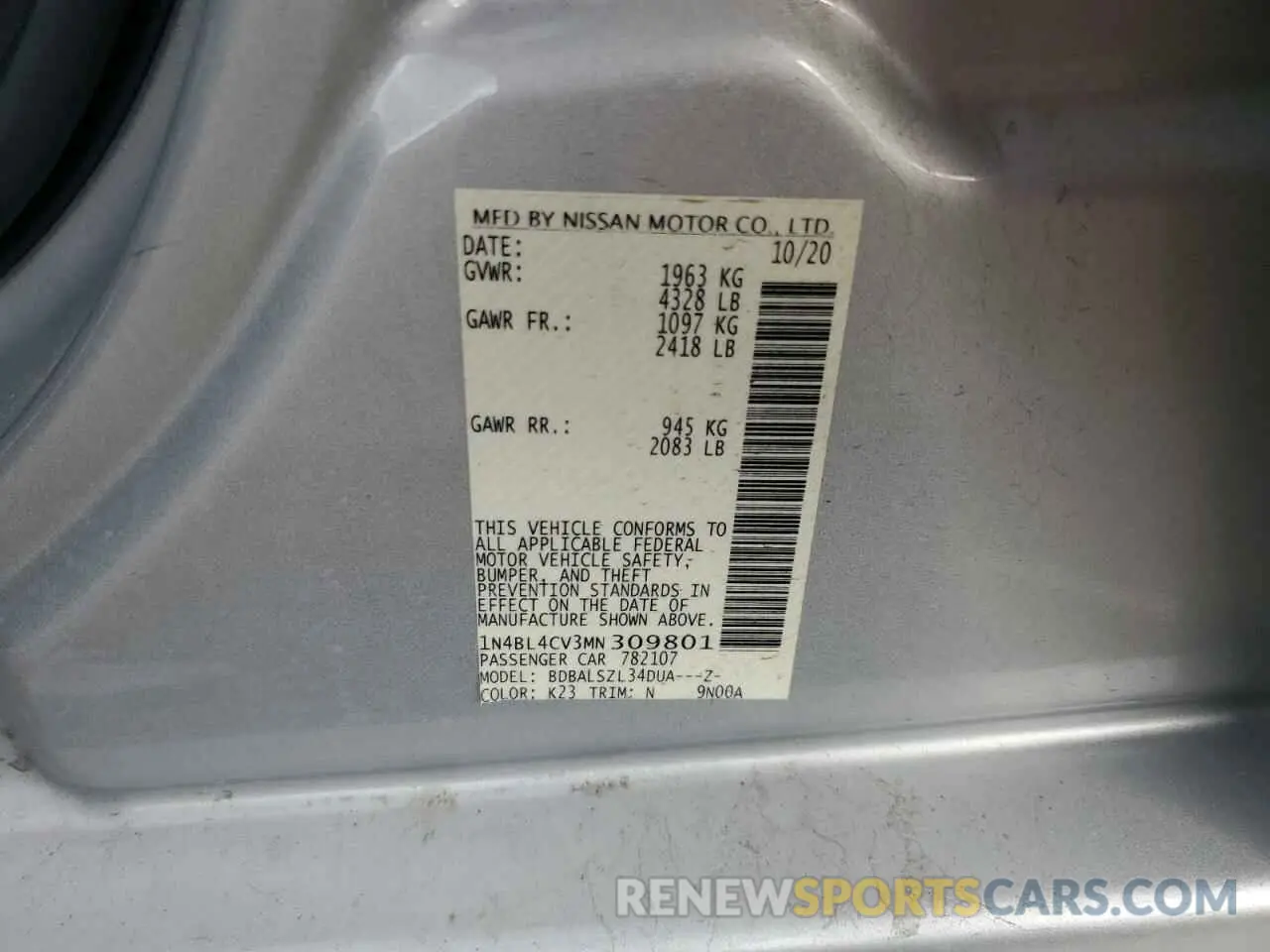 15 Photograph of a damaged car 1N4BL4CV3MN309801 NISSAN ALTIMA 2021