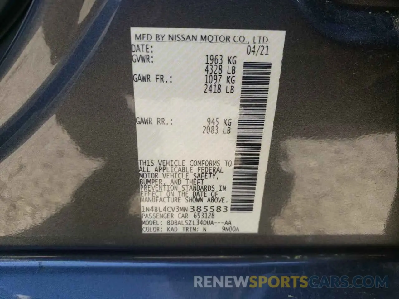13 Photograph of a damaged car 1N4BL4CV3MN385583 NISSAN ALTIMA 2021