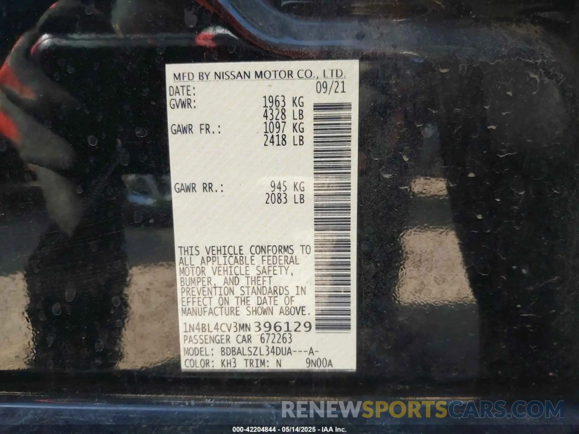 9 Photograph of a damaged car 1N4BL4CV3MN396129 NISSAN ALTIMA 2021