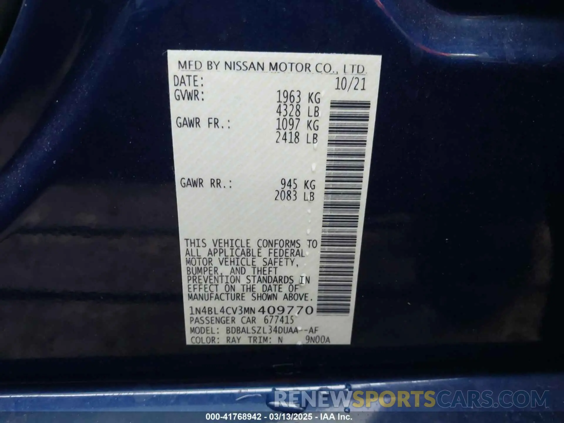 9 Photograph of a damaged car 1N4BL4CV3MN409770 NISSAN ALTIMA 2021