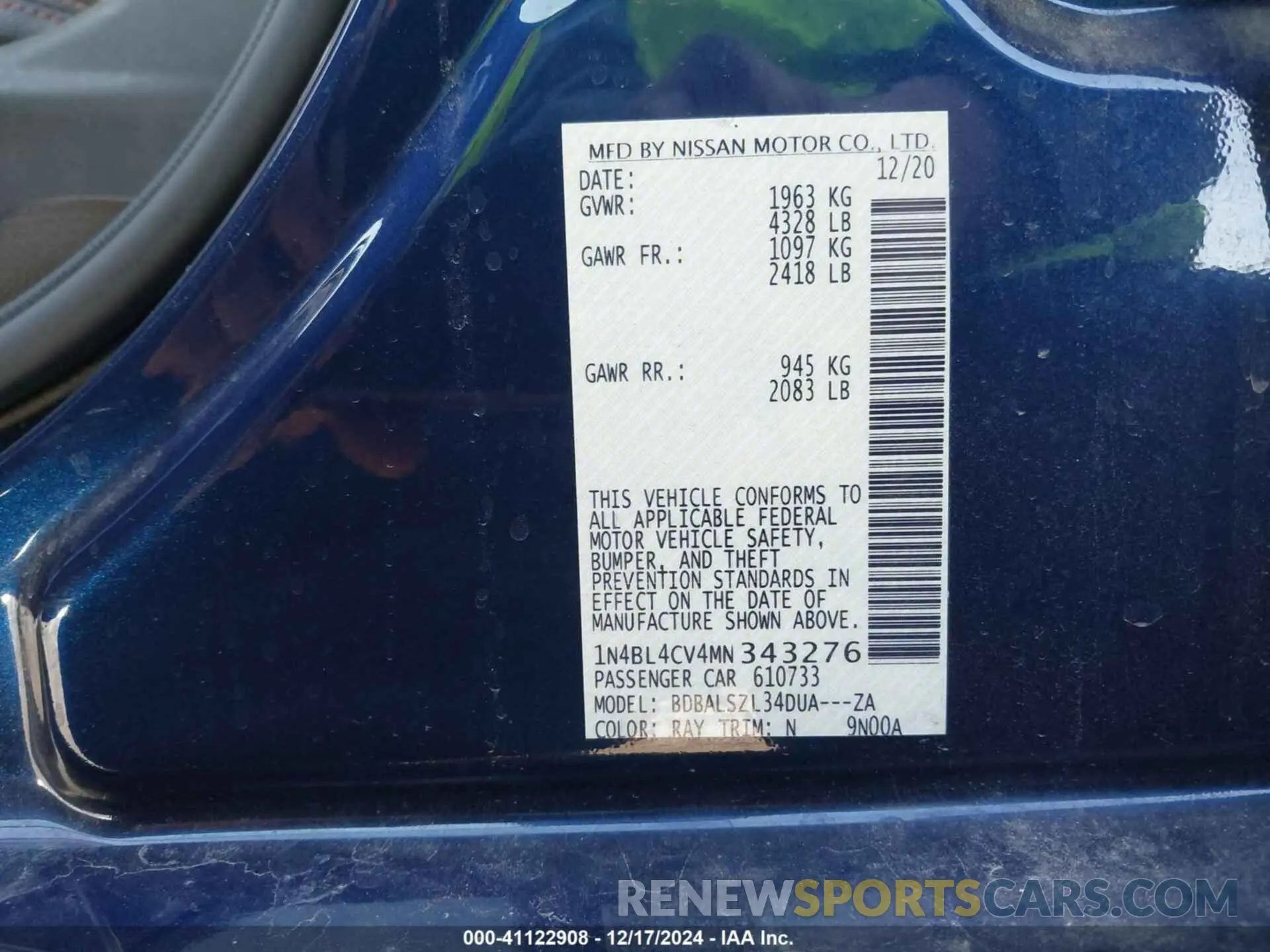 9 Photograph of a damaged car 1N4BL4CV4MN343276 NISSAN ALTIMA 2021