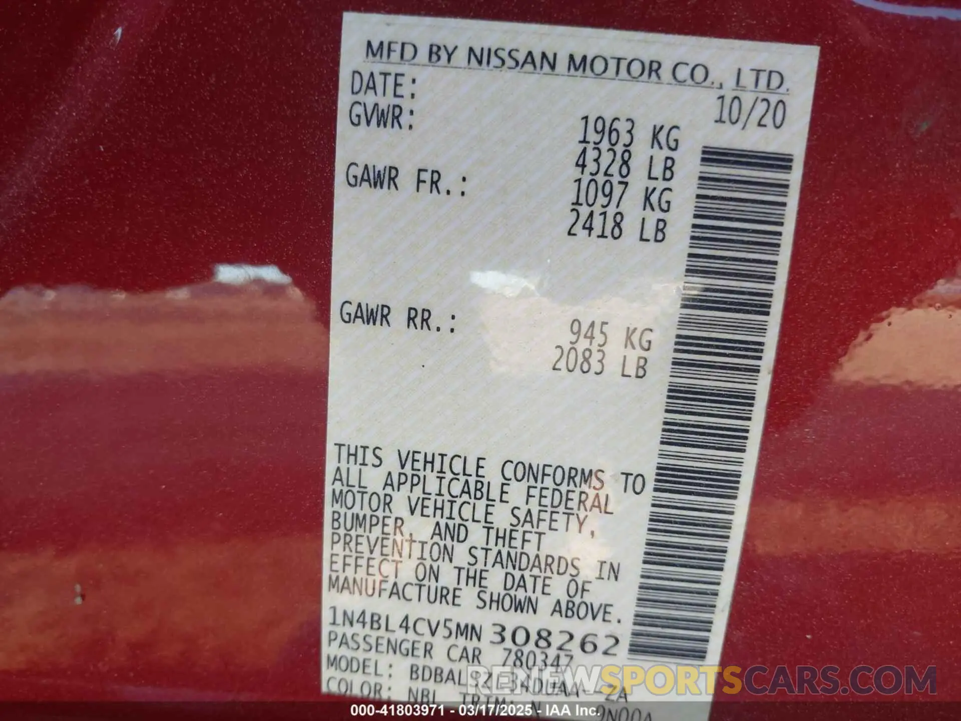 9 Photograph of a damaged car 1N4BL4CV5MN308262 NISSAN ALTIMA 2021