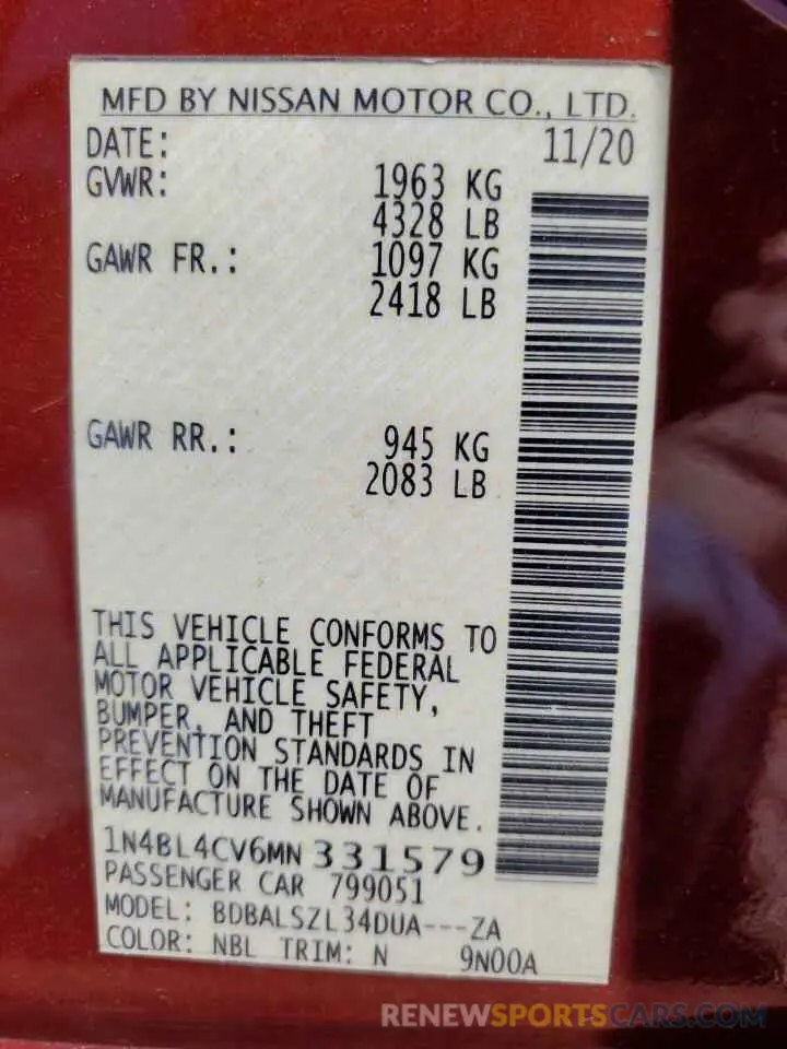 14 Photograph of a damaged car 1N4BL4CV6MN331579 NISSAN ALTIMA 2021