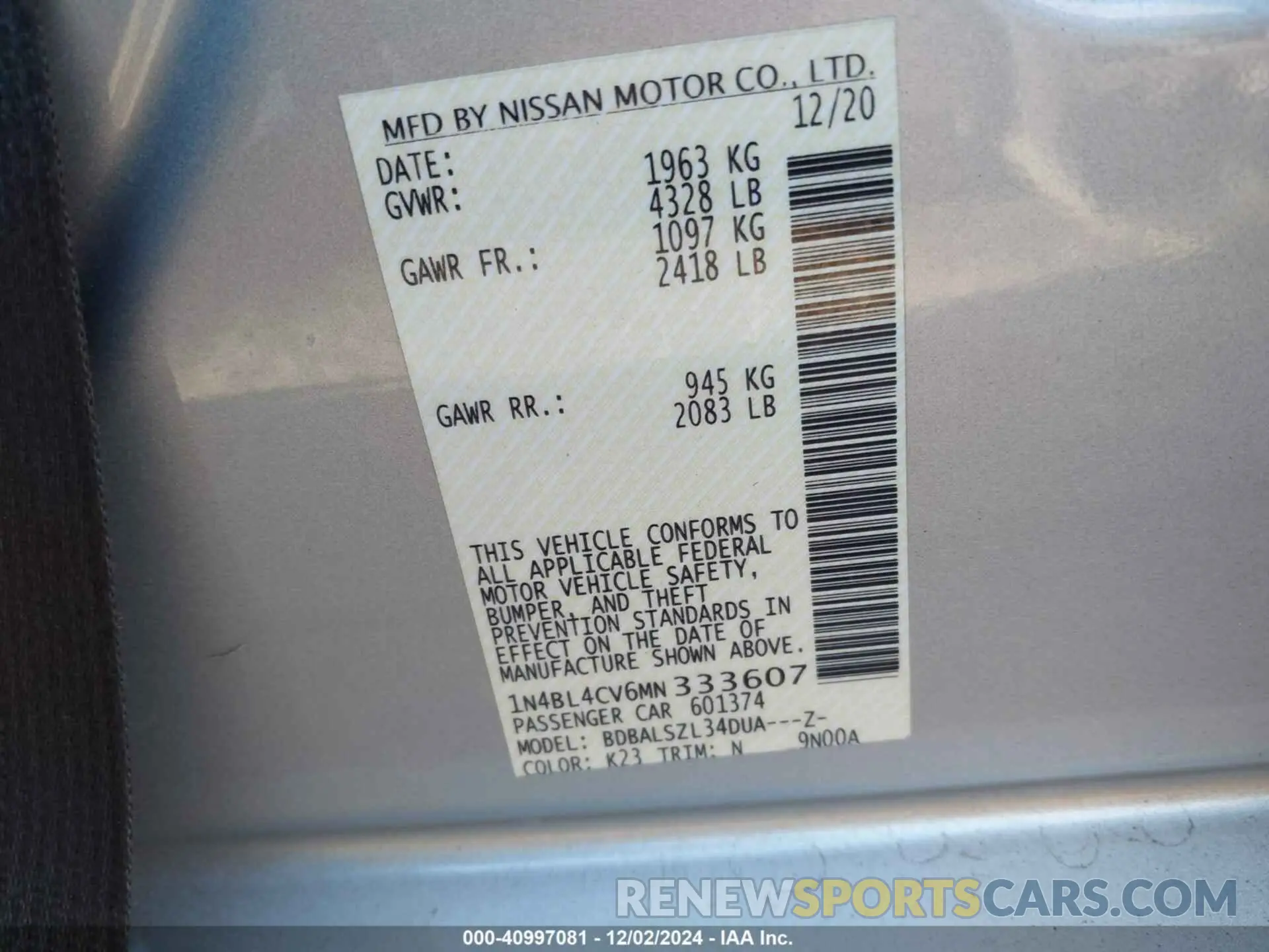9 Photograph of a damaged car 1N4BL4CV6MN333607 NISSAN ALTIMA 2021