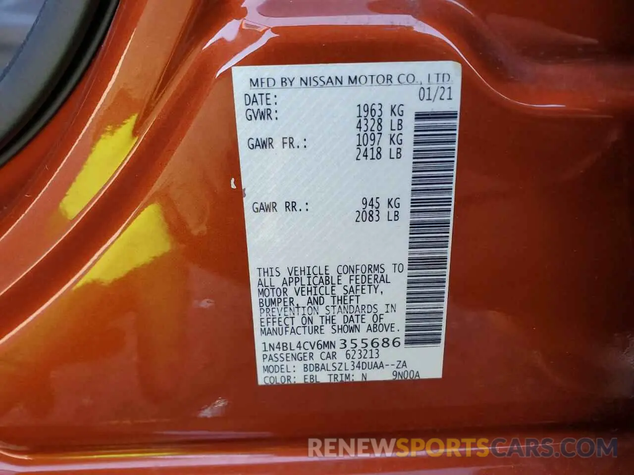 12 Photograph of a damaged car 1N4BL4CV6MN355686 NISSAN ALTIMA 2021