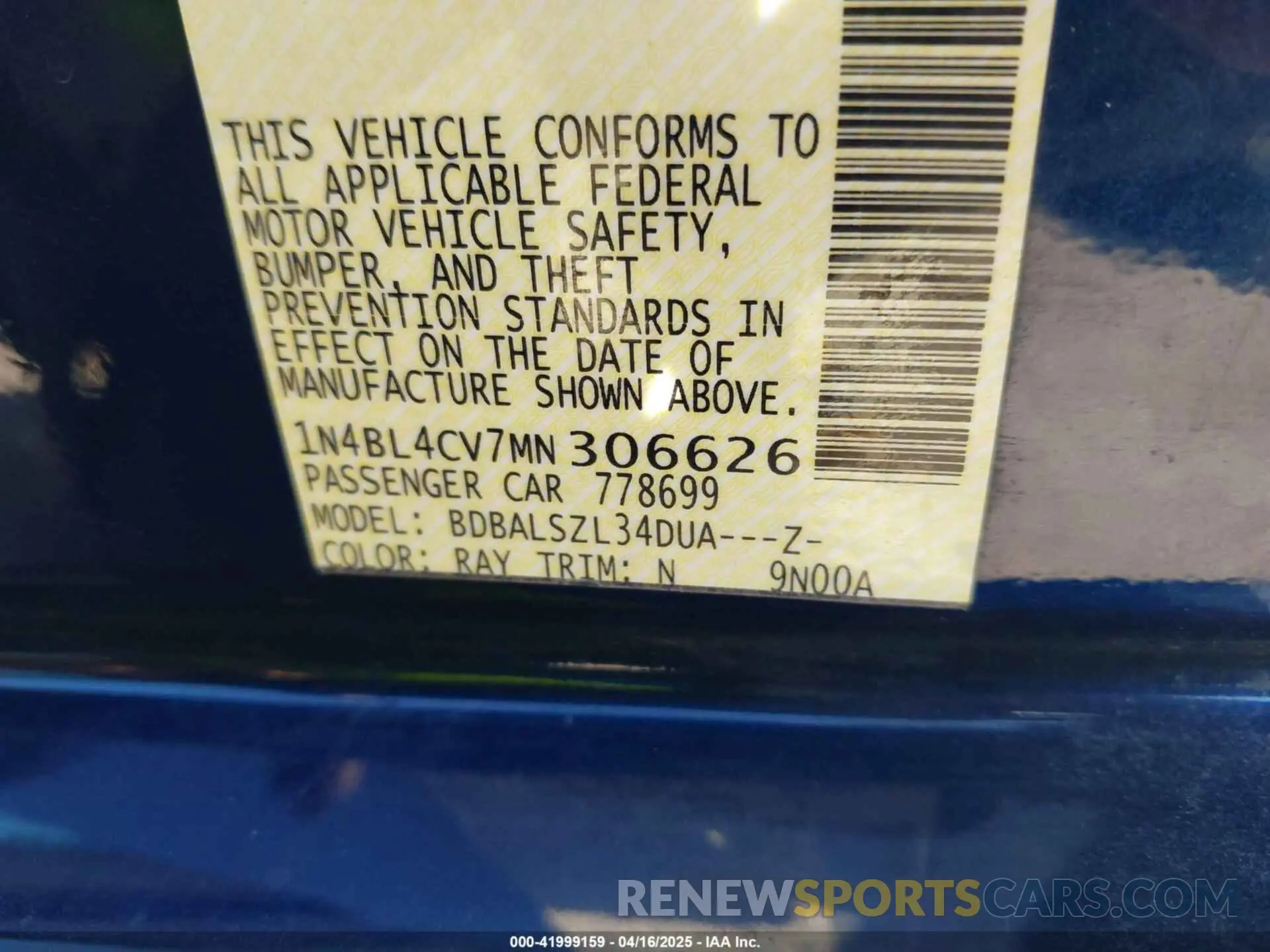 9 Photograph of a damaged car 1N4BL4CV7MN306626 NISSAN ALTIMA 2021