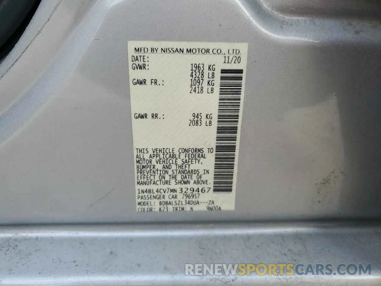 12 Photograph of a damaged car 1N4BL4CV7MN329467 NISSAN ALTIMA 2021