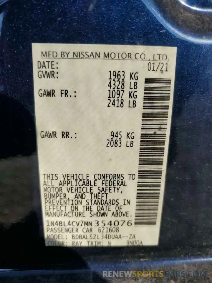 13 Photograph of a damaged car 1N4BL4CV7MN354076 NISSAN ALTIMA 2021