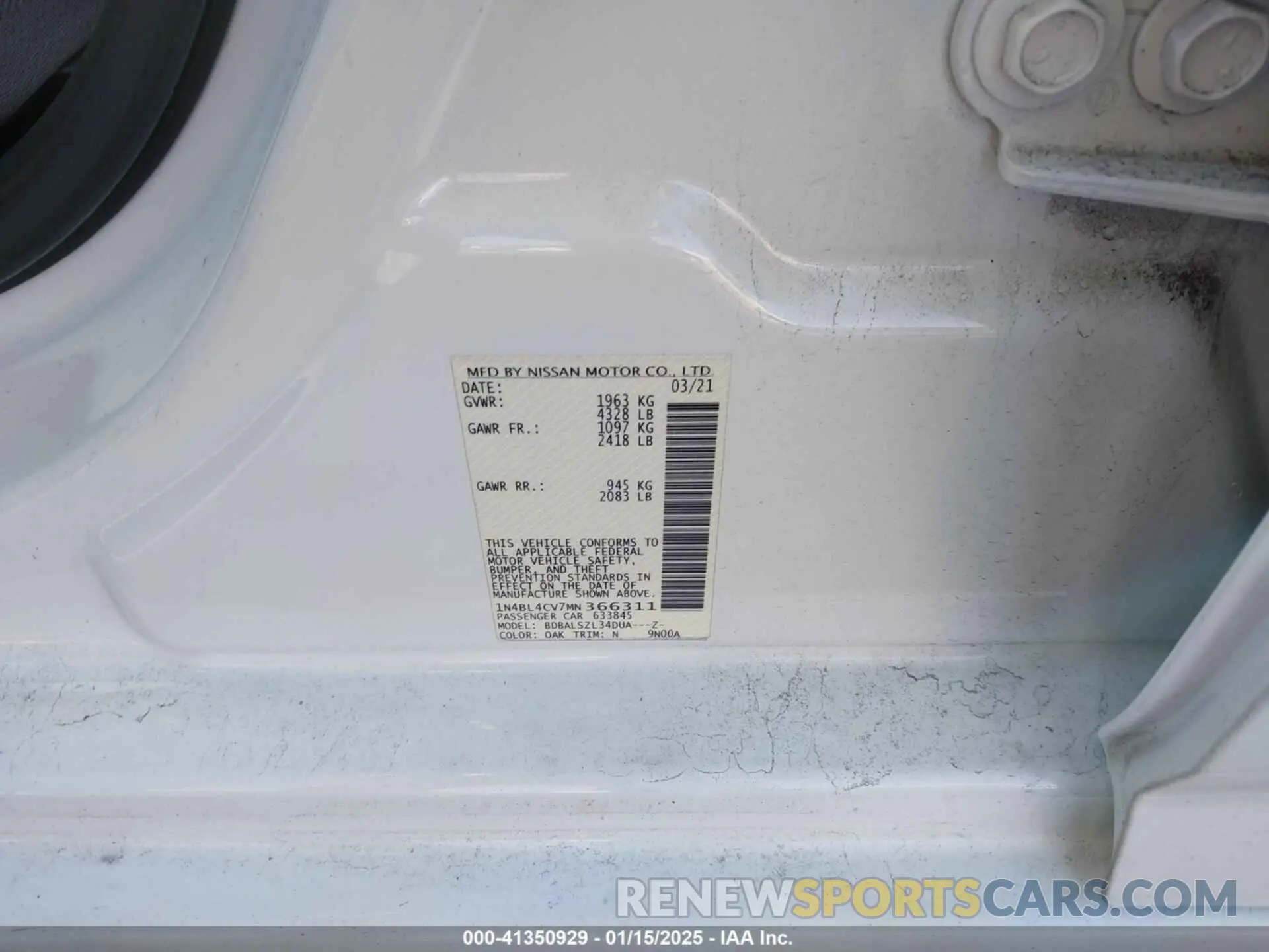 9 Photograph of a damaged car 1N4BL4CV7MN366311 NISSAN ALTIMA 2021