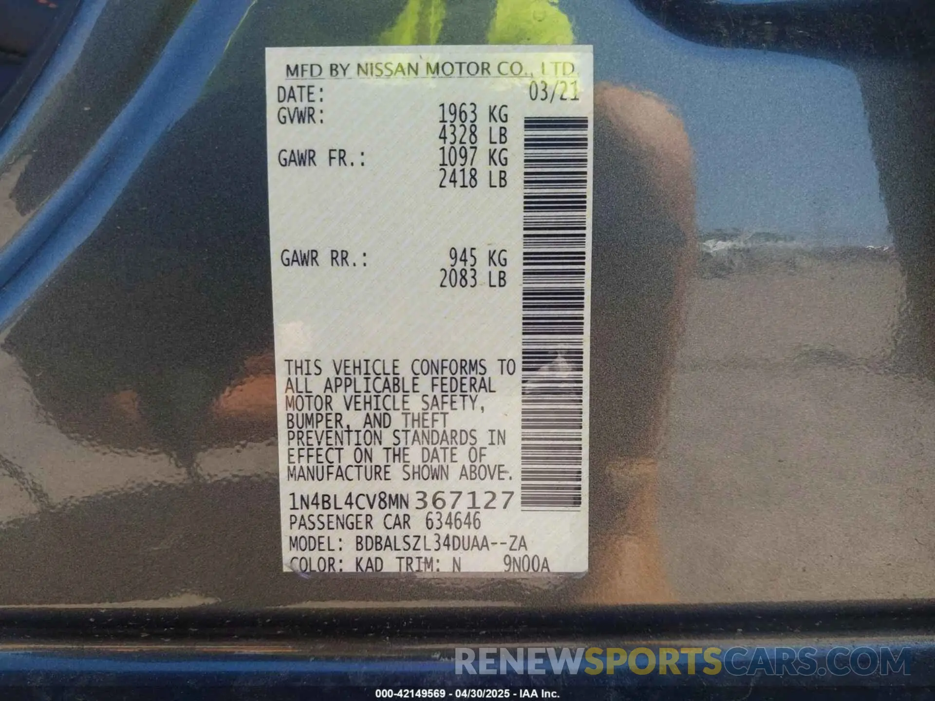 9 Photograph of a damaged car 1N4BL4CV8MN367127 NISSAN ALTIMA 2021