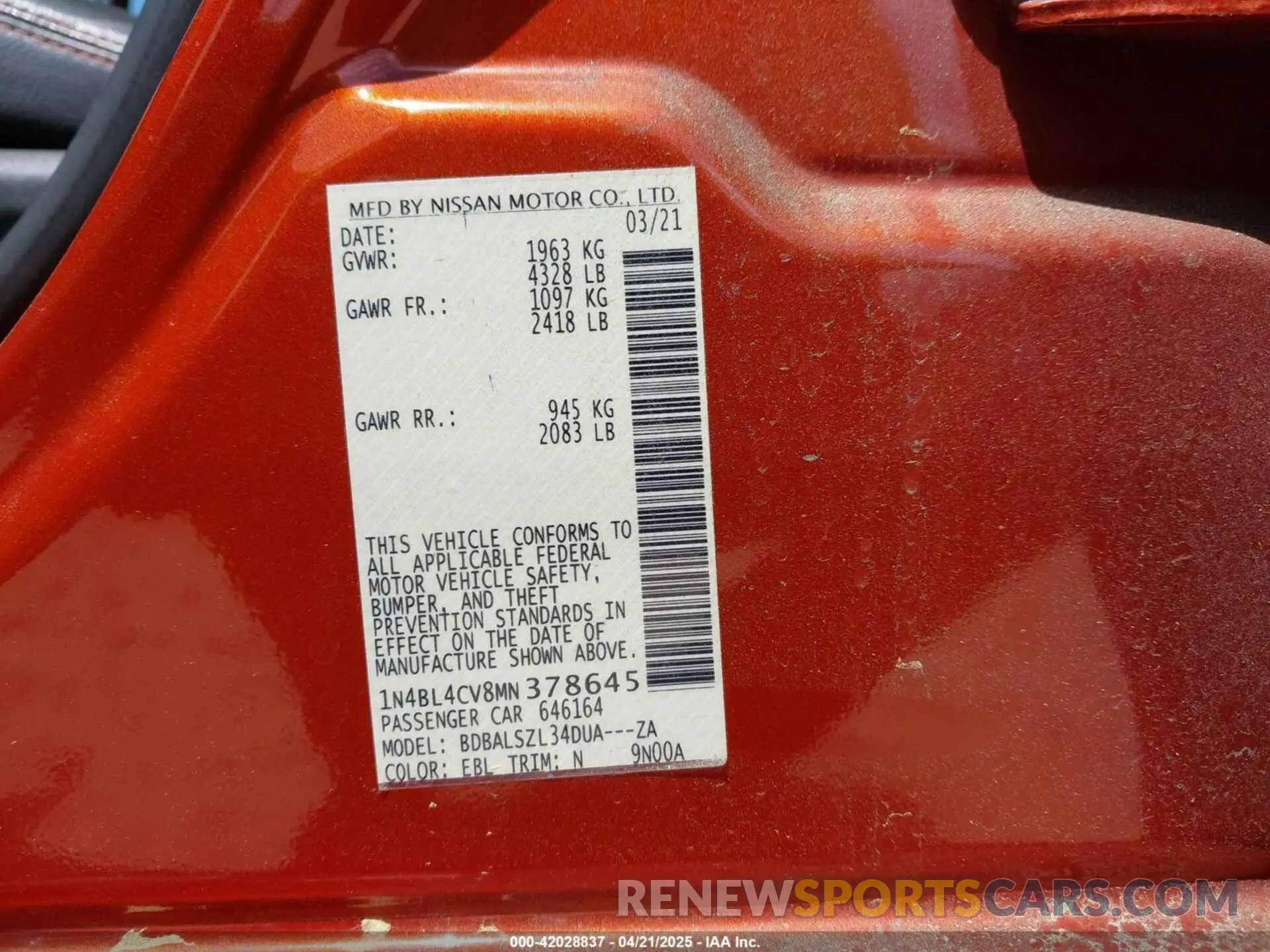 9 Photograph of a damaged car 1N4BL4CV8MN378645 NISSAN ALTIMA 2021