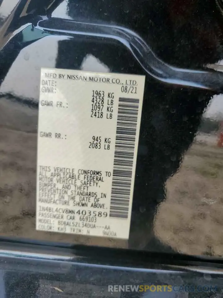 13 Photograph of a damaged car 1N4BL4CV8MN403589 NISSAN ALTIMA 2021