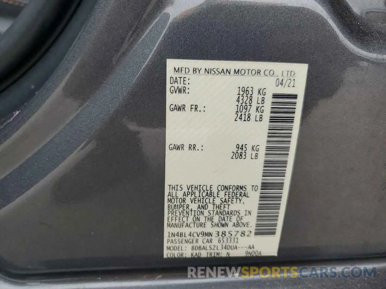 12 Photograph of a damaged car 1N4BL4CV9MN385782 NISSAN ALTIMA 2021