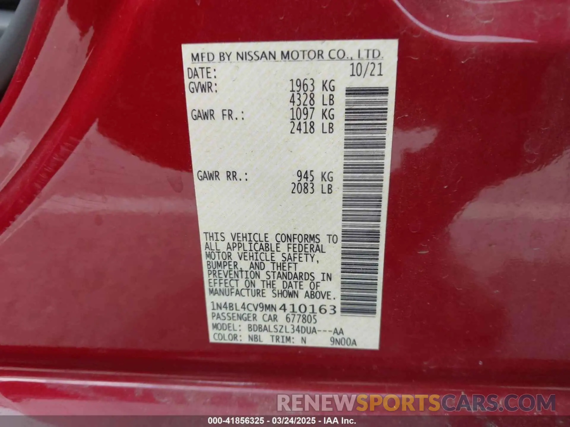 9 Photograph of a damaged car 1N4BL4CV9MN410163 NISSAN ALTIMA 2021