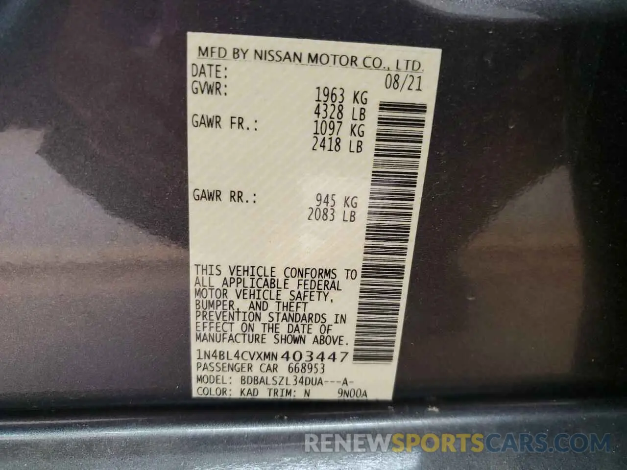 12 Photograph of a damaged car 1N4BL4CVXMN403447 NISSAN ALTIMA 2021