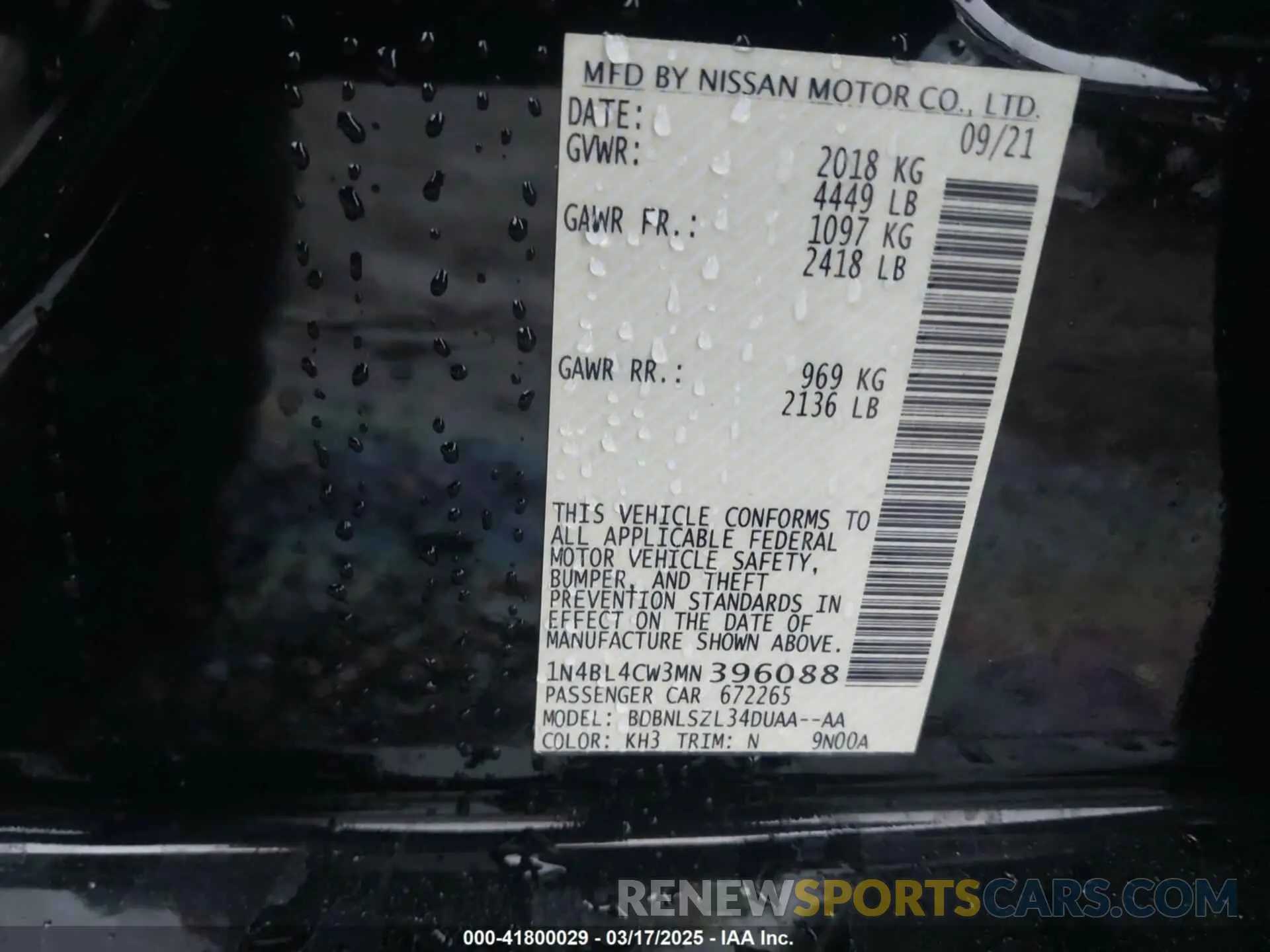 9 Photograph of a damaged car 1N4BL4CW3MN396088 NISSAN ALTIMA 2021
