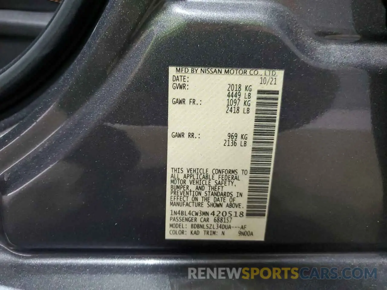 12 Photograph of a damaged car 1N4BL4CW3MN420518 NISSAN ALTIMA 2021