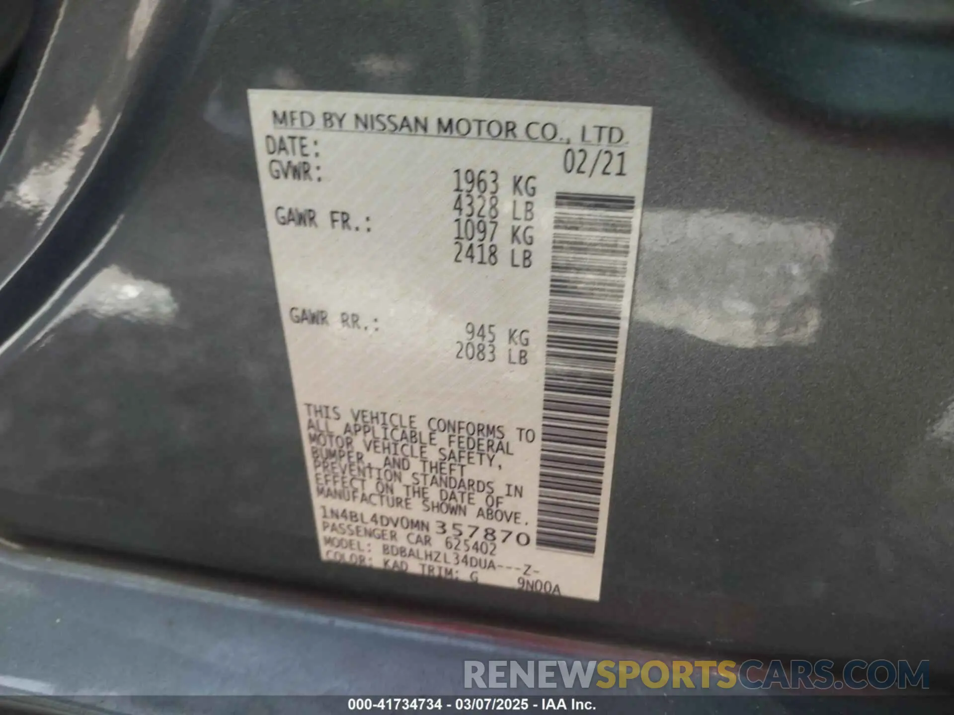 9 Photograph of a damaged car 1N4BL4DV0MN357870 NISSAN ALTIMA 2021