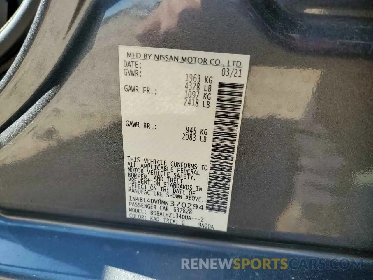 14 Photograph of a damaged car 1N4BL4DV0MN370294 NISSAN ALTIMA 2021