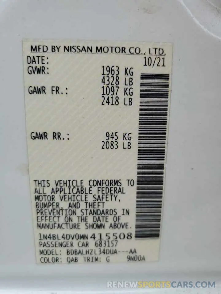 12 Photograph of a damaged car 1N4BL4DV0MN415508 NISSAN ALTIMA 2021