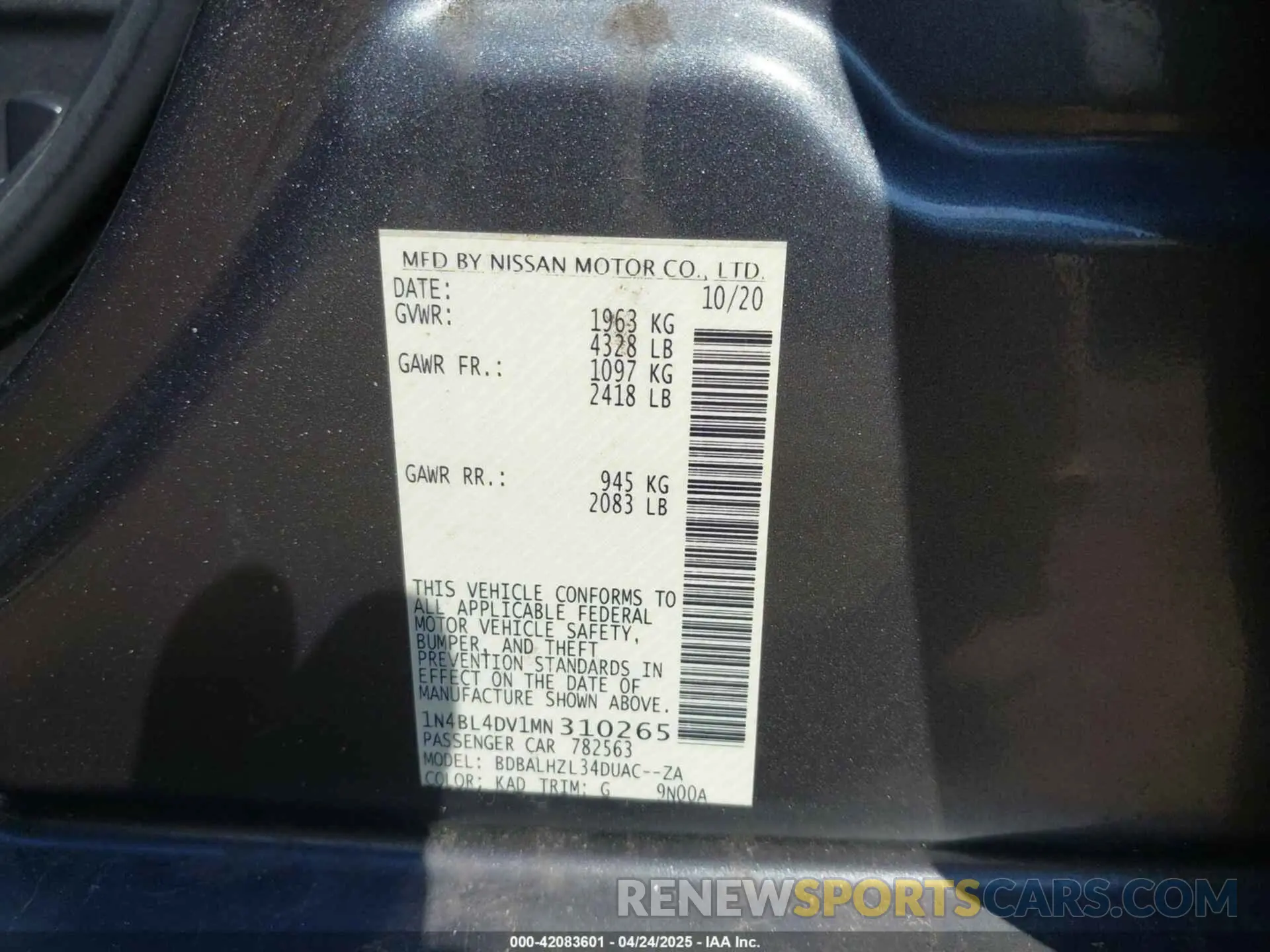 9 Photograph of a damaged car 1N4BL4DV1MN310265 NISSAN ALTIMA 2021