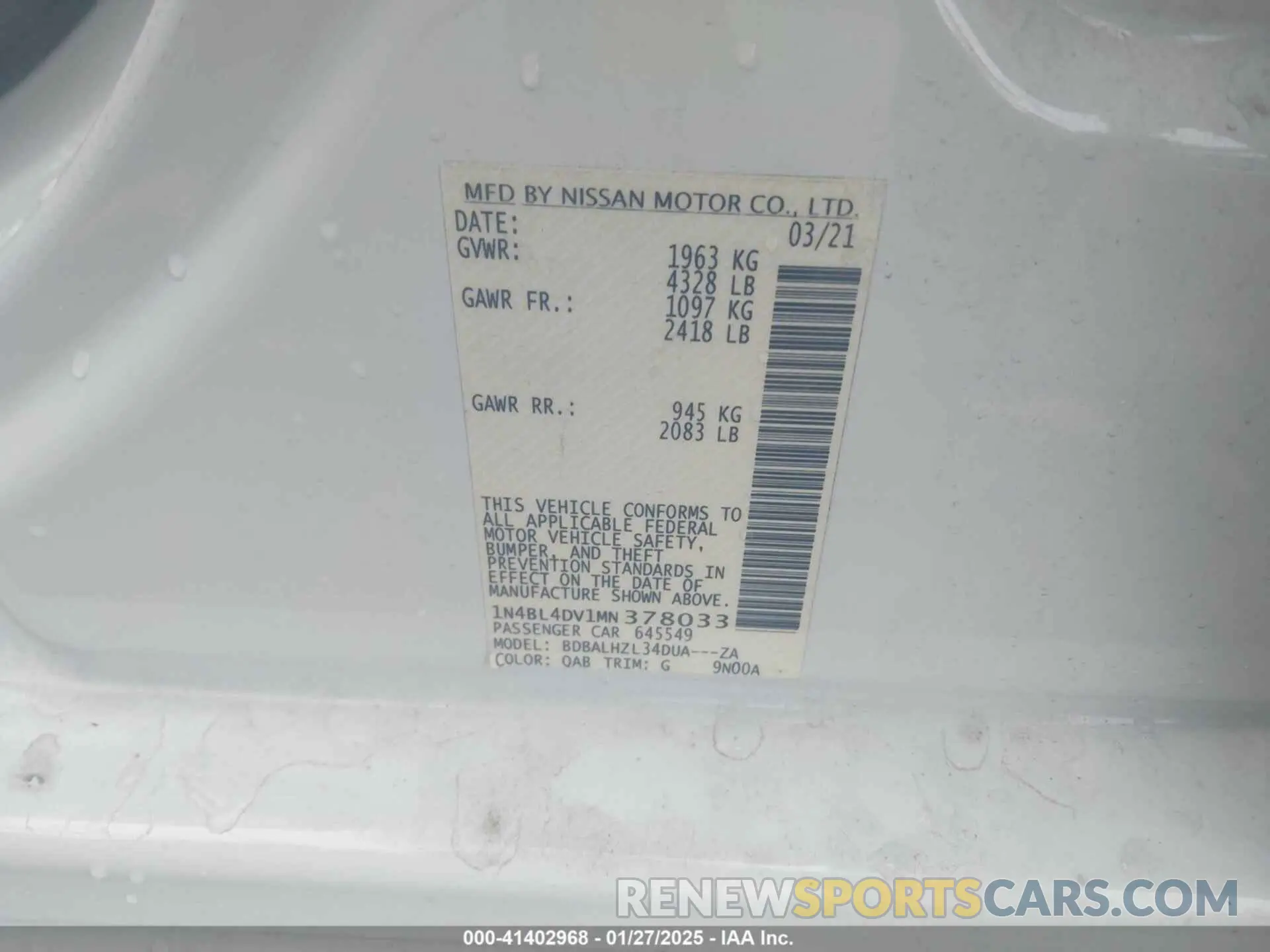 9 Photograph of a damaged car 1N4BL4DV1MN378033 NISSAN ALTIMA 2021