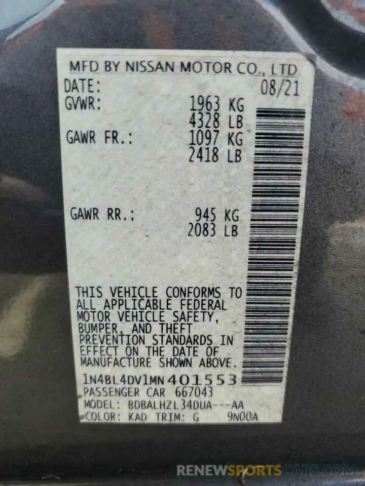 13 Photograph of a damaged car 1N4BL4DV1MN401553 NISSAN ALTIMA 2021