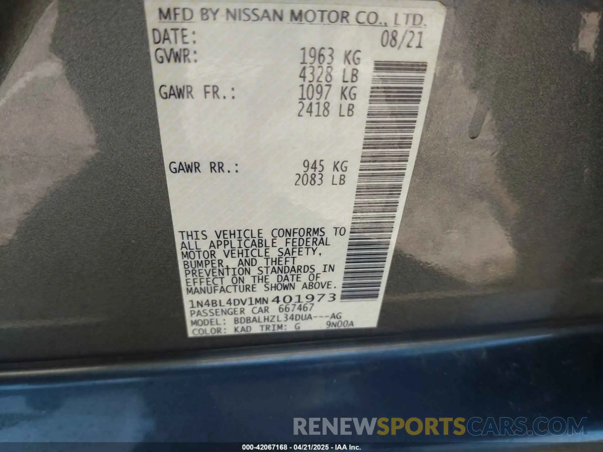 9 Photograph of a damaged car 1N4BL4DV1MN401973 NISSAN ALTIMA 2021