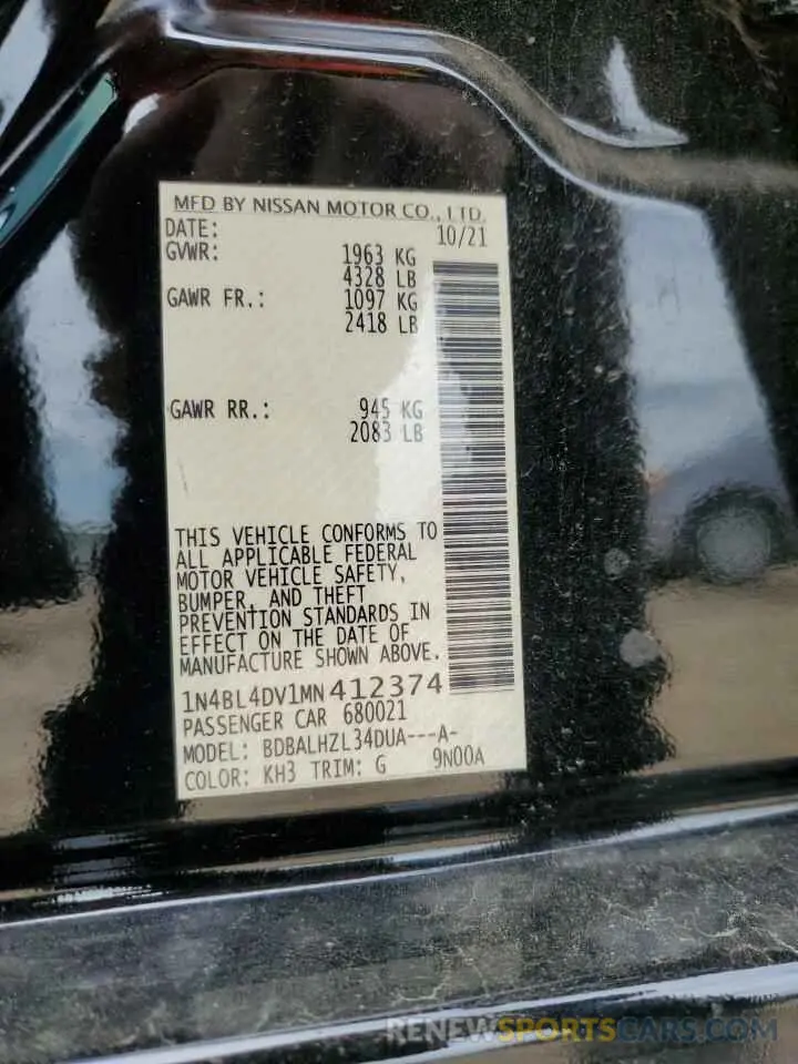 12 Photograph of a damaged car 1N4BL4DV1MN412374 NISSAN ALTIMA 2021
