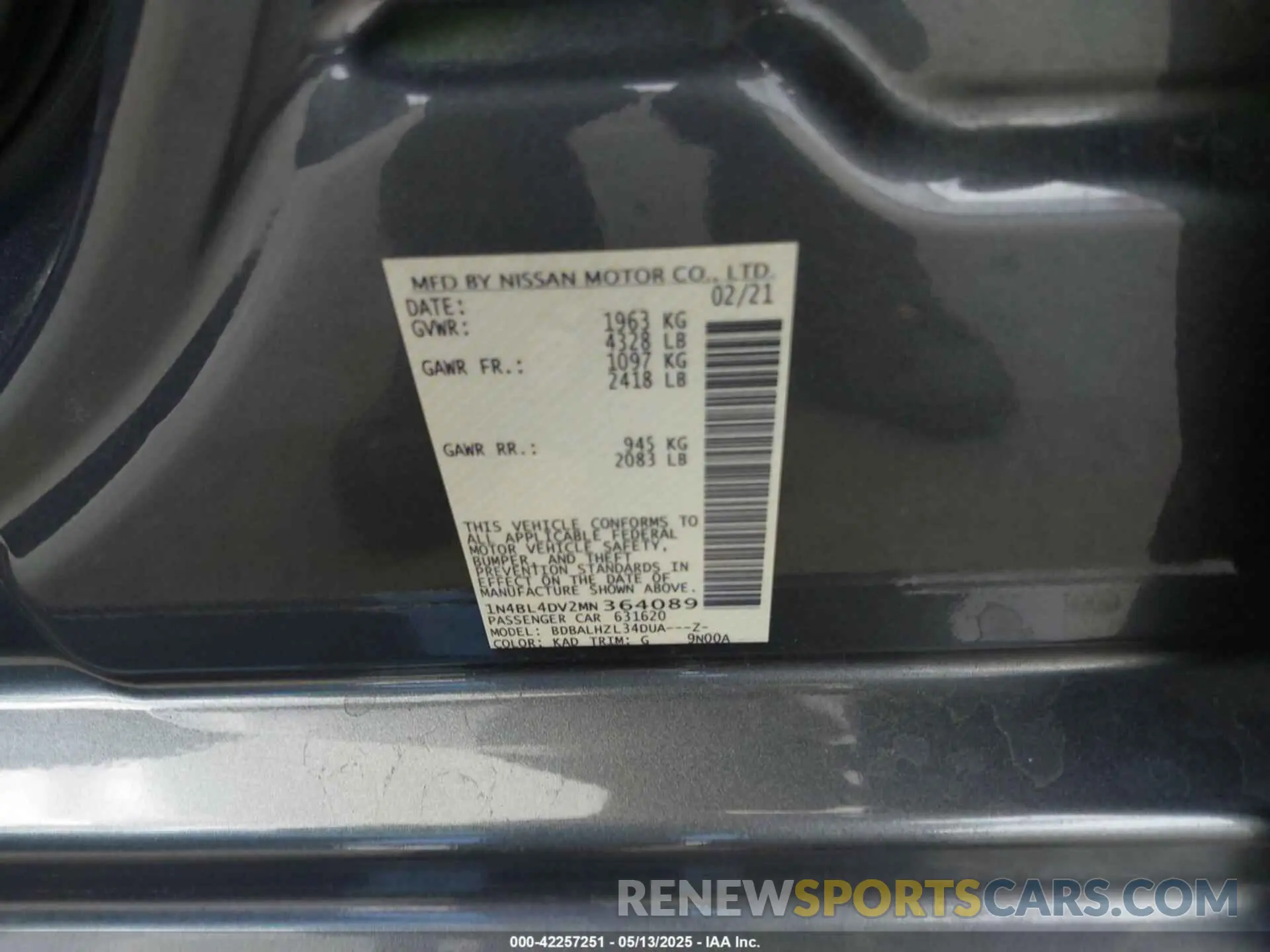 9 Photograph of a damaged car 1N4BL4DV2MN364089 NISSAN ALTIMA 2021