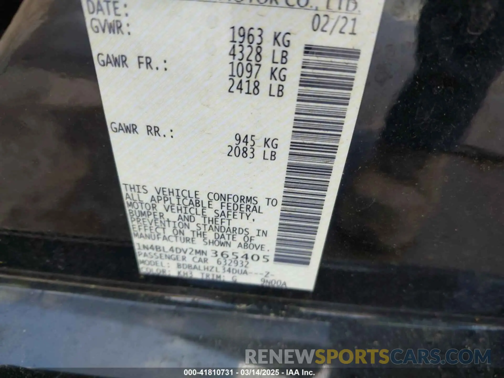 9 Photograph of a damaged car 1N4BL4DV2MN365405 NISSAN ALTIMA 2021