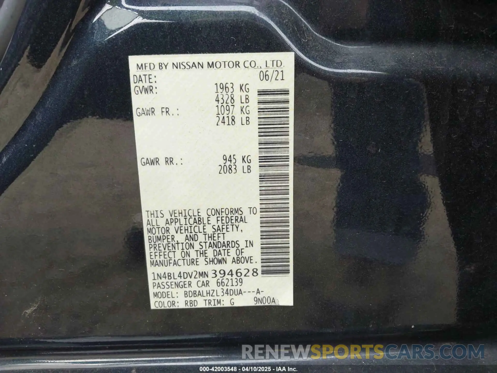 9 Photograph of a damaged car 1N4BL4DV2MN394628 NISSAN ALTIMA 2021