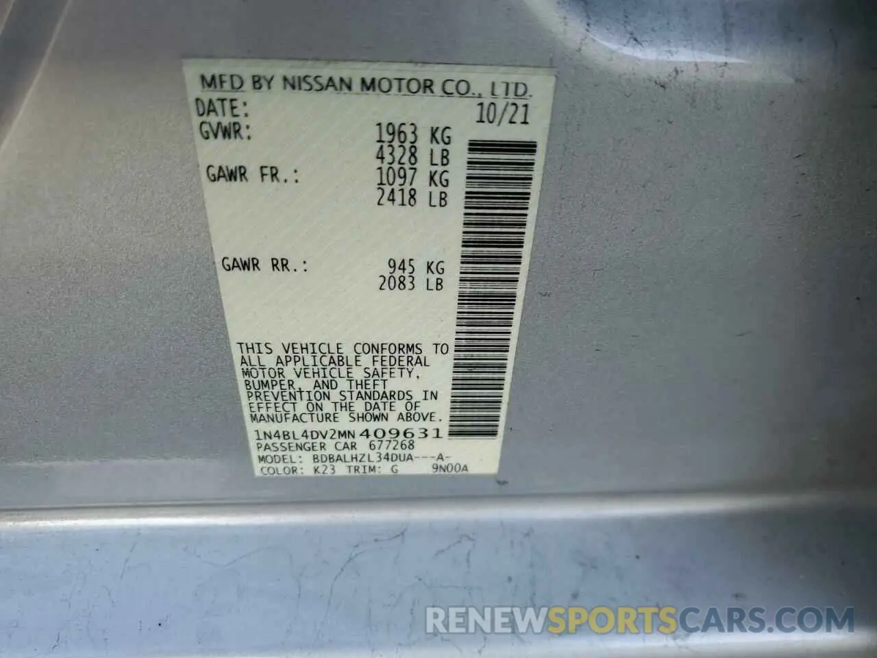 14 Photograph of a damaged car 1N4BL4DV2MN409631 NISSAN ALTIMA 2021