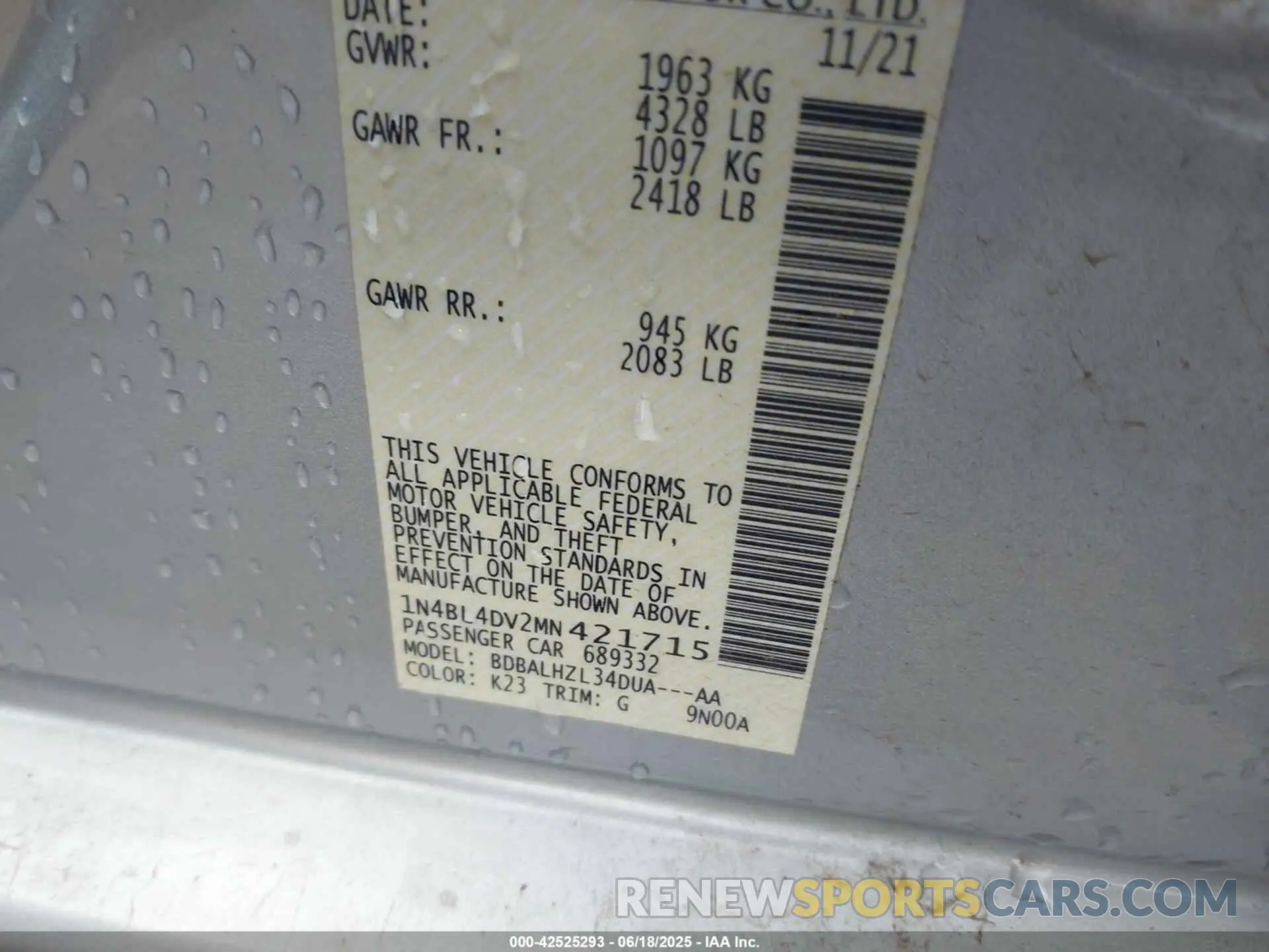 9 Photograph of a damaged car 1N4BL4DV2MN421715 NISSAN ALTIMA 2021