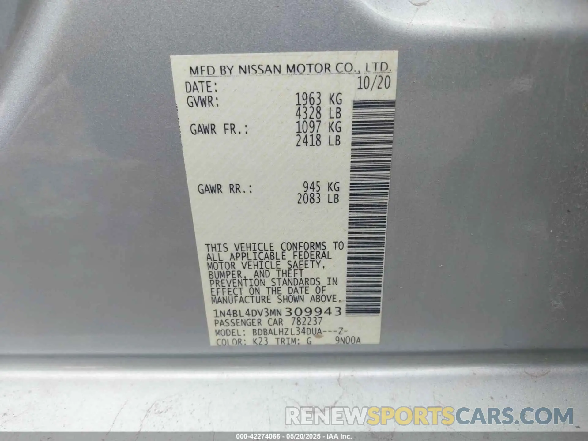 9 Photograph of a damaged car 1N4BL4DV3MN309943 NISSAN ALTIMA 2021