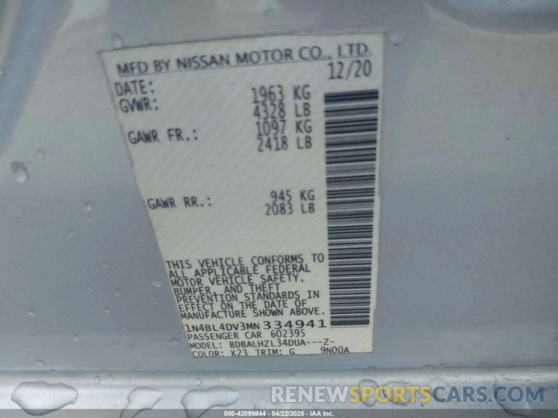 9 Photograph of a damaged car 1N4BL4DV3MN334941 NISSAN ALTIMA 2021