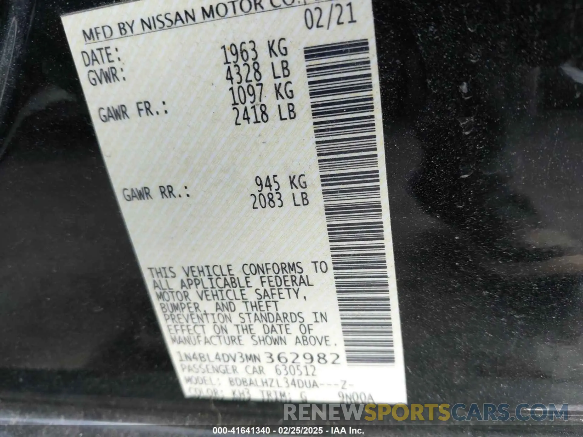 9 Photograph of a damaged car 1N4BL4DV3MN362982 NISSAN ALTIMA 2021