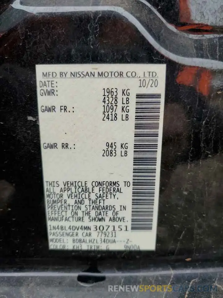 14 Photograph of a damaged car 1N4BL4DV4MN307151 NISSAN ALTIMA 2021