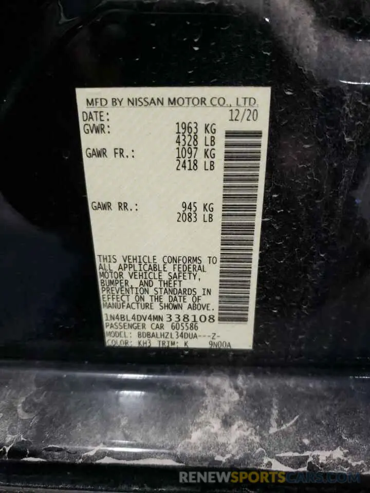 12 Photograph of a damaged car 1N4BL4DV4MN338108 NISSAN ALTIMA 2021