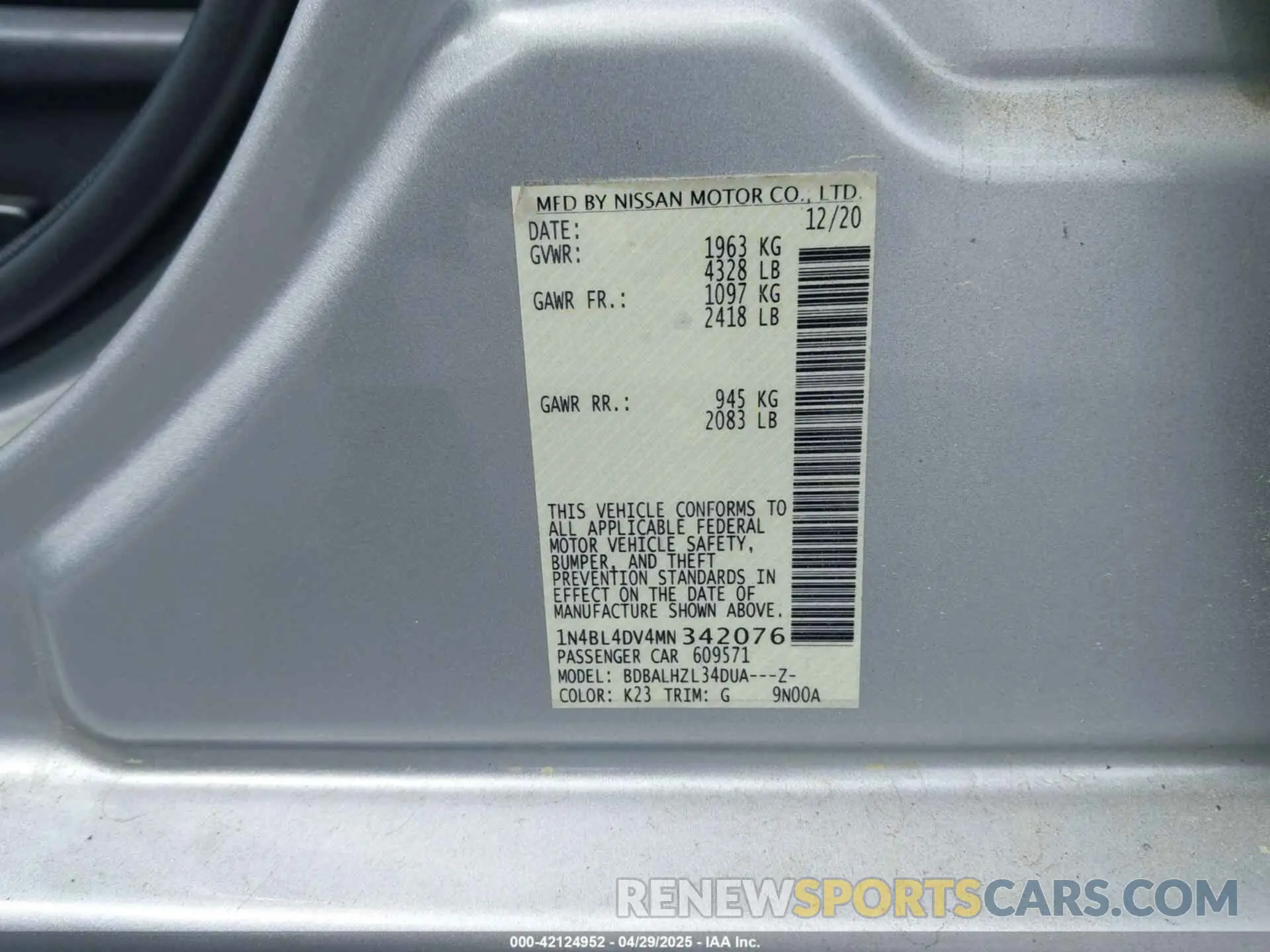 9 Photograph of a damaged car 1N4BL4DV4MN342076 NISSAN ALTIMA 2021
