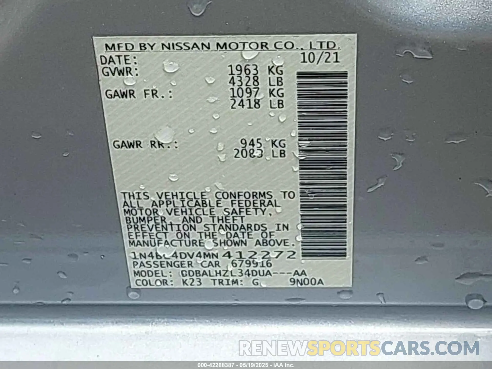 9 Photograph of a damaged car 1N4BL4DV4MN412272 NISSAN ALTIMA 2021