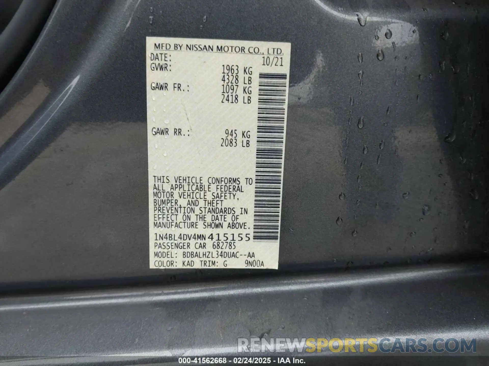 9 Photograph of a damaged car 1N4BL4DV4MN415155 NISSAN ALTIMA 2021