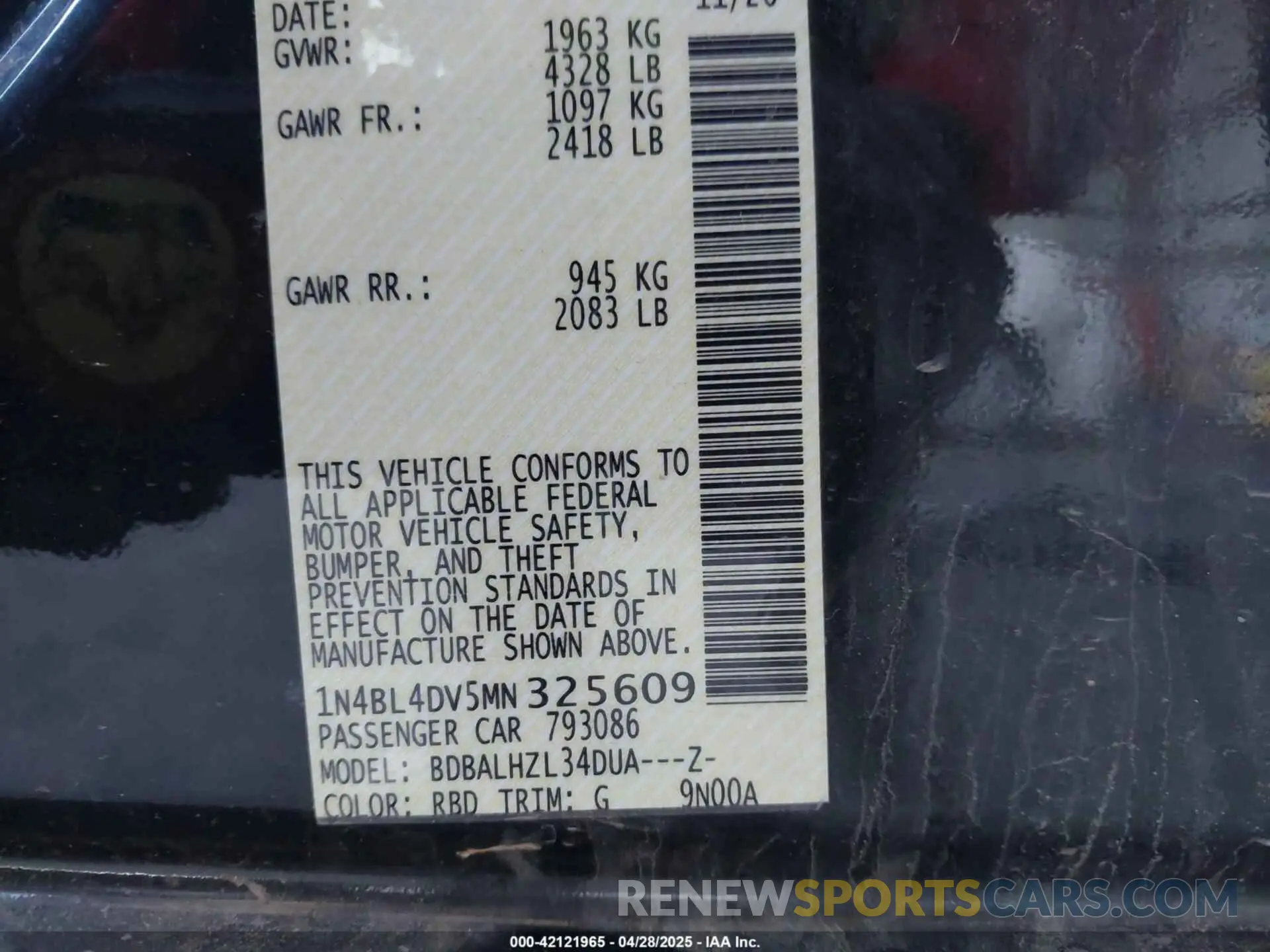 9 Photograph of a damaged car 1N4BL4DV5MN325609 NISSAN ALTIMA 2021